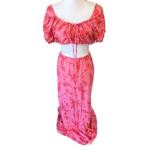 VRG GRL Pink Floral 2 Piece Set Crop‎ Top Maxi Skirt Large Summer Boho Tropical